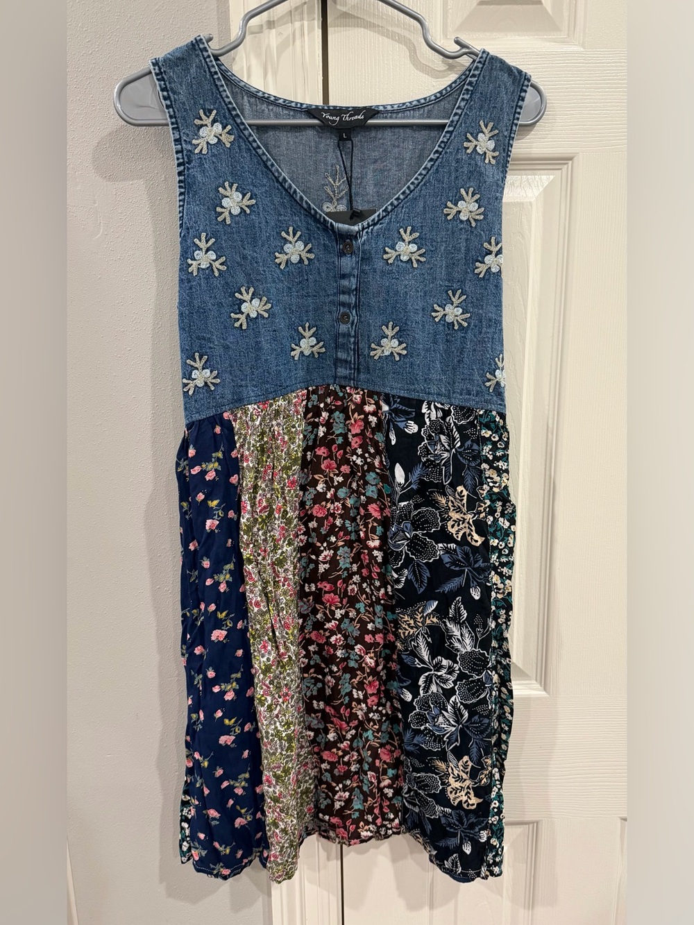 Young Threads Embroidered Denim Top Mixed Floral Patchwork Mini Dress Sz L
